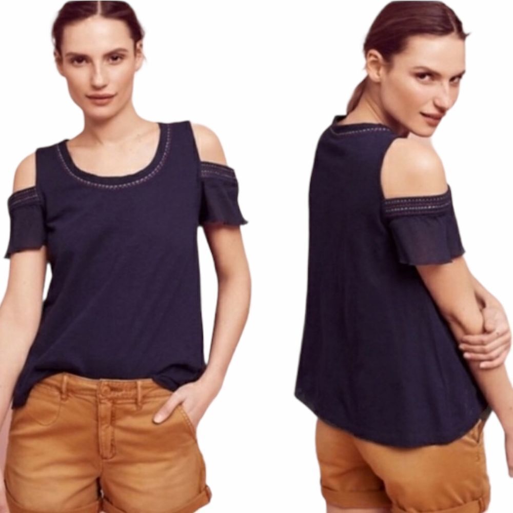 ANTHROPOLOGIE Akemi +Kin shirt navy blue cold shoulder Salma cotton top M